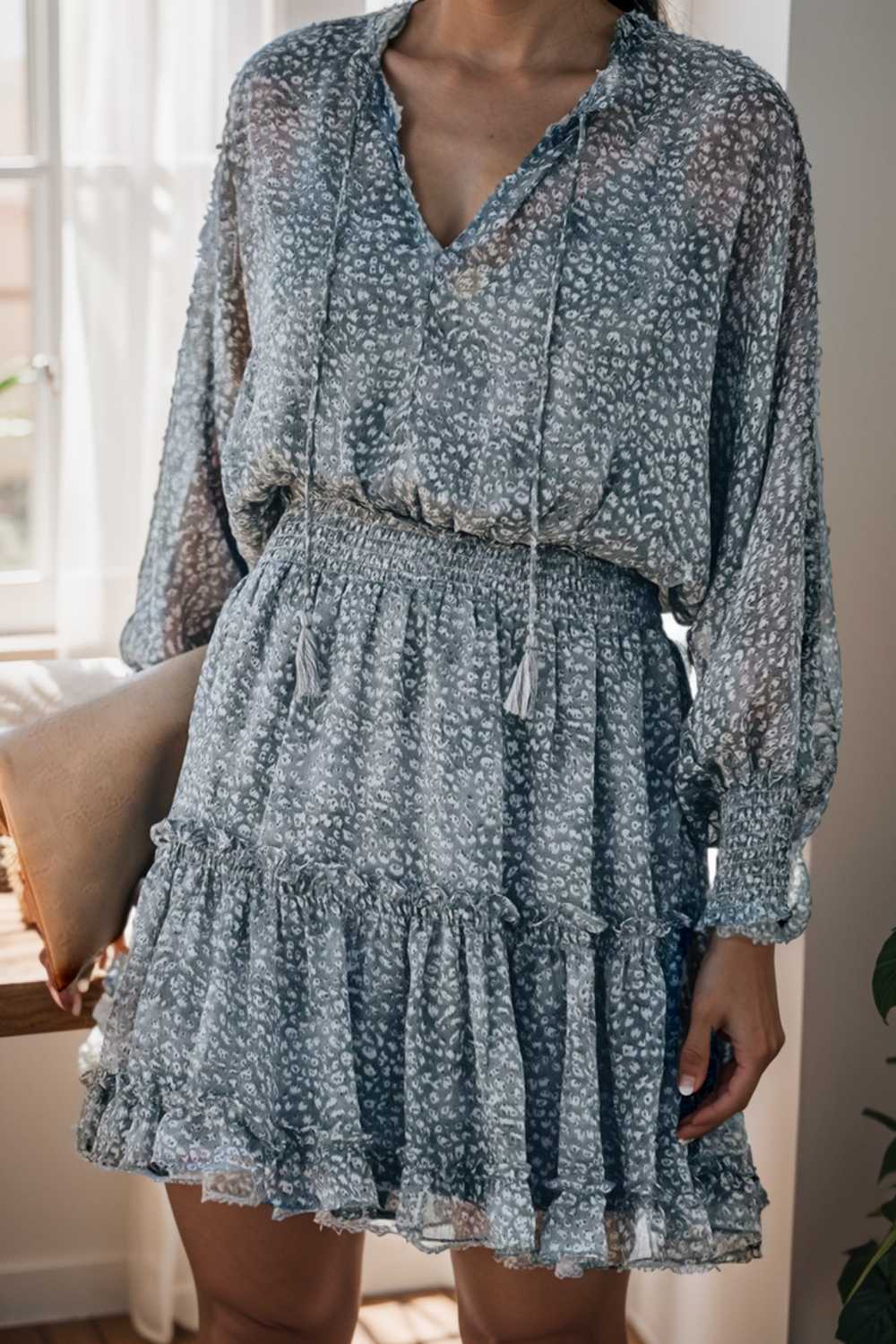 loose leopard print v neck dress drop shoulder a line closed cape paneled 116516
