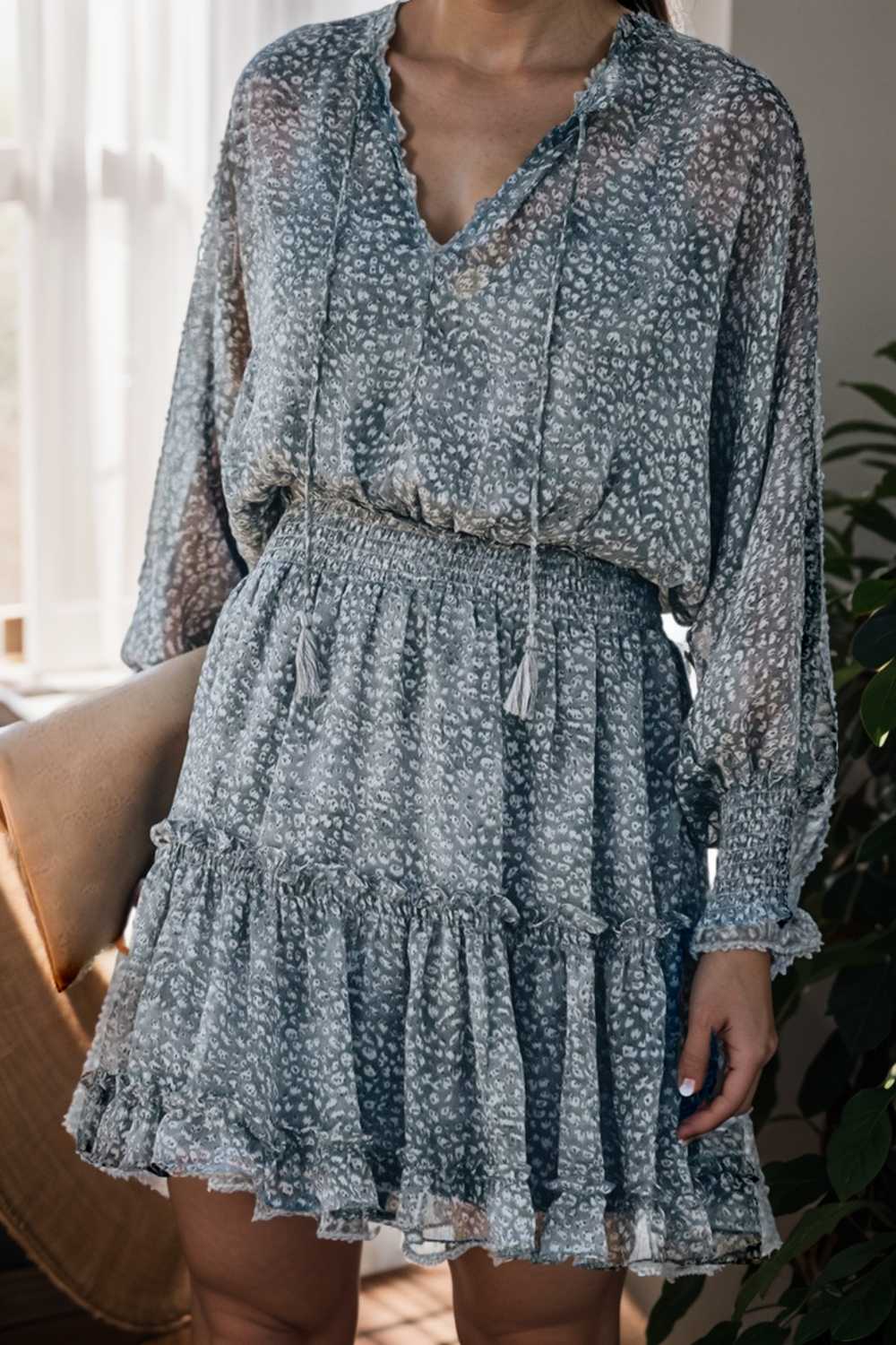 loose leopard print v neck dress drop shoulder a line closed cape paneled 138038