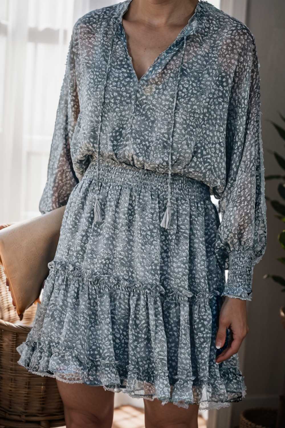loose leopard print v neck dress drop shoulder a line closed cape paneled 130289