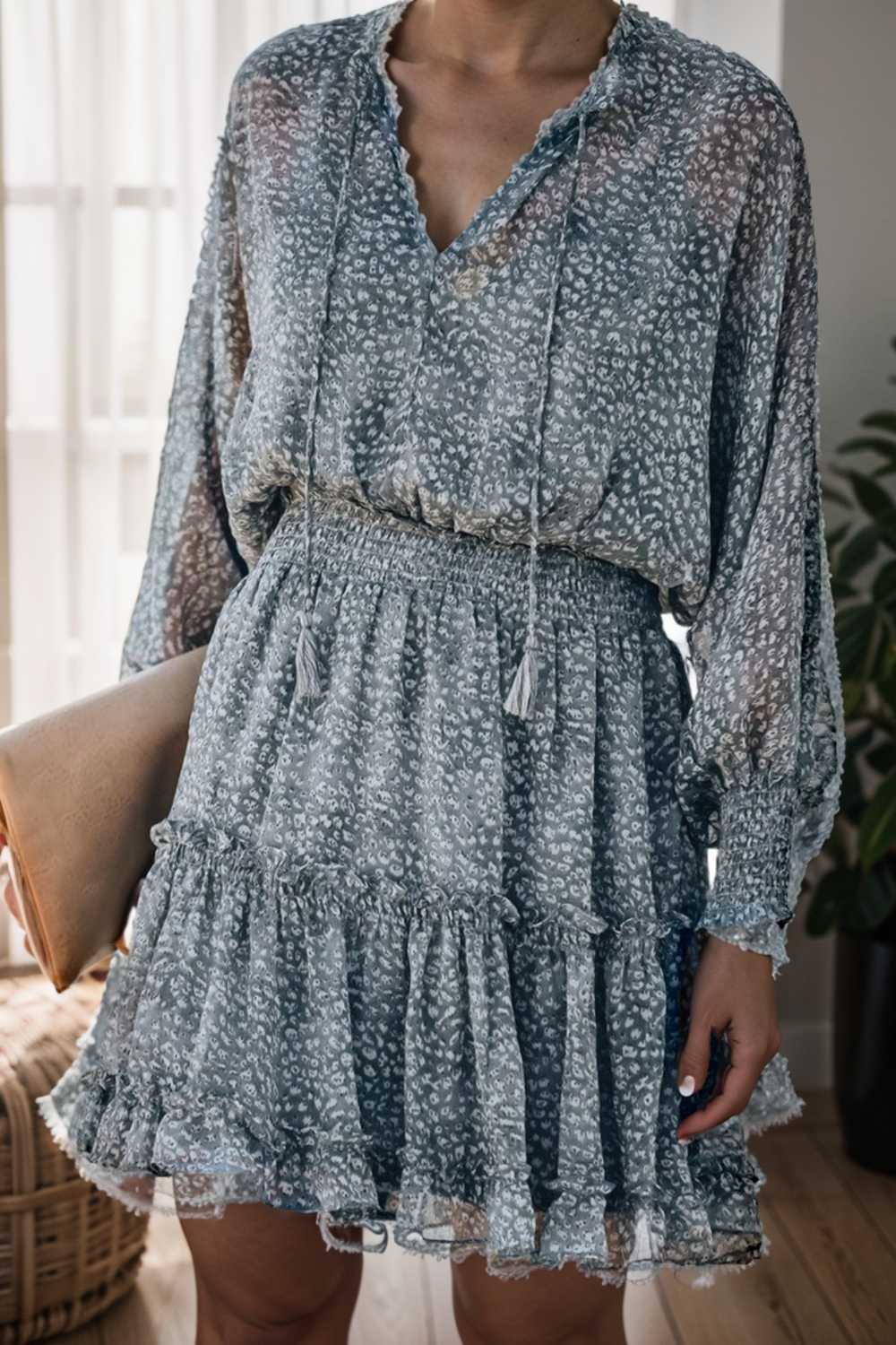 loose leopard print v neck dress drop shoulder a line closed cape paneled 138037