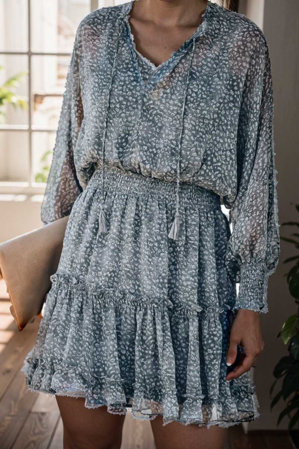 loose leopard print v neck dress drop shoulder a line closed cape paneled 130288