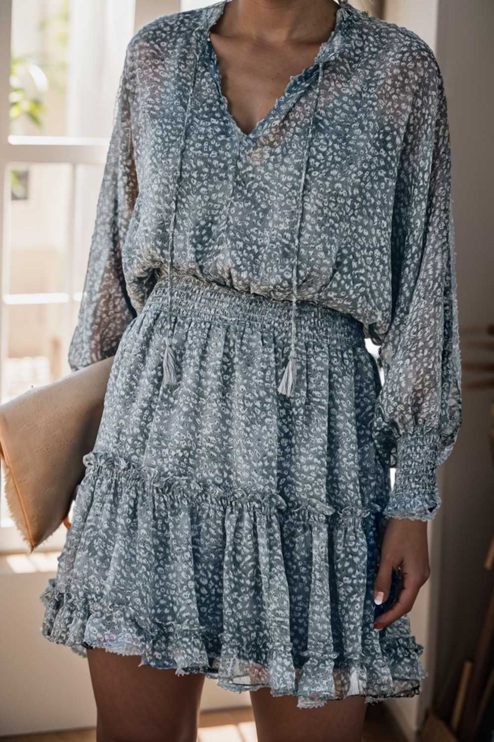 loose leopard print v neck dress drop shoulder a line closed cape paneled 138036
