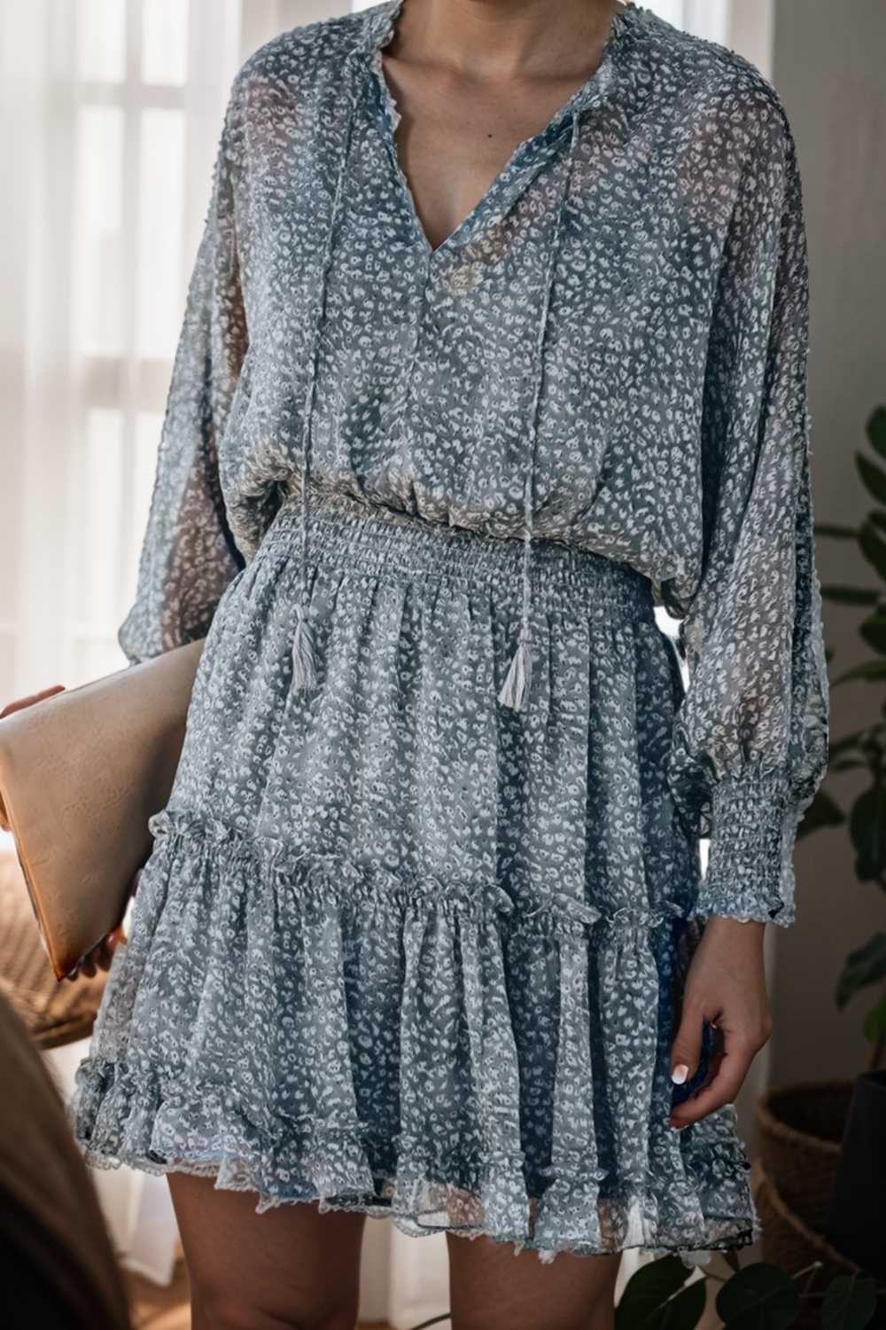 loose leopard print v neck dress drop shoulder a line closed cape paneled 138035