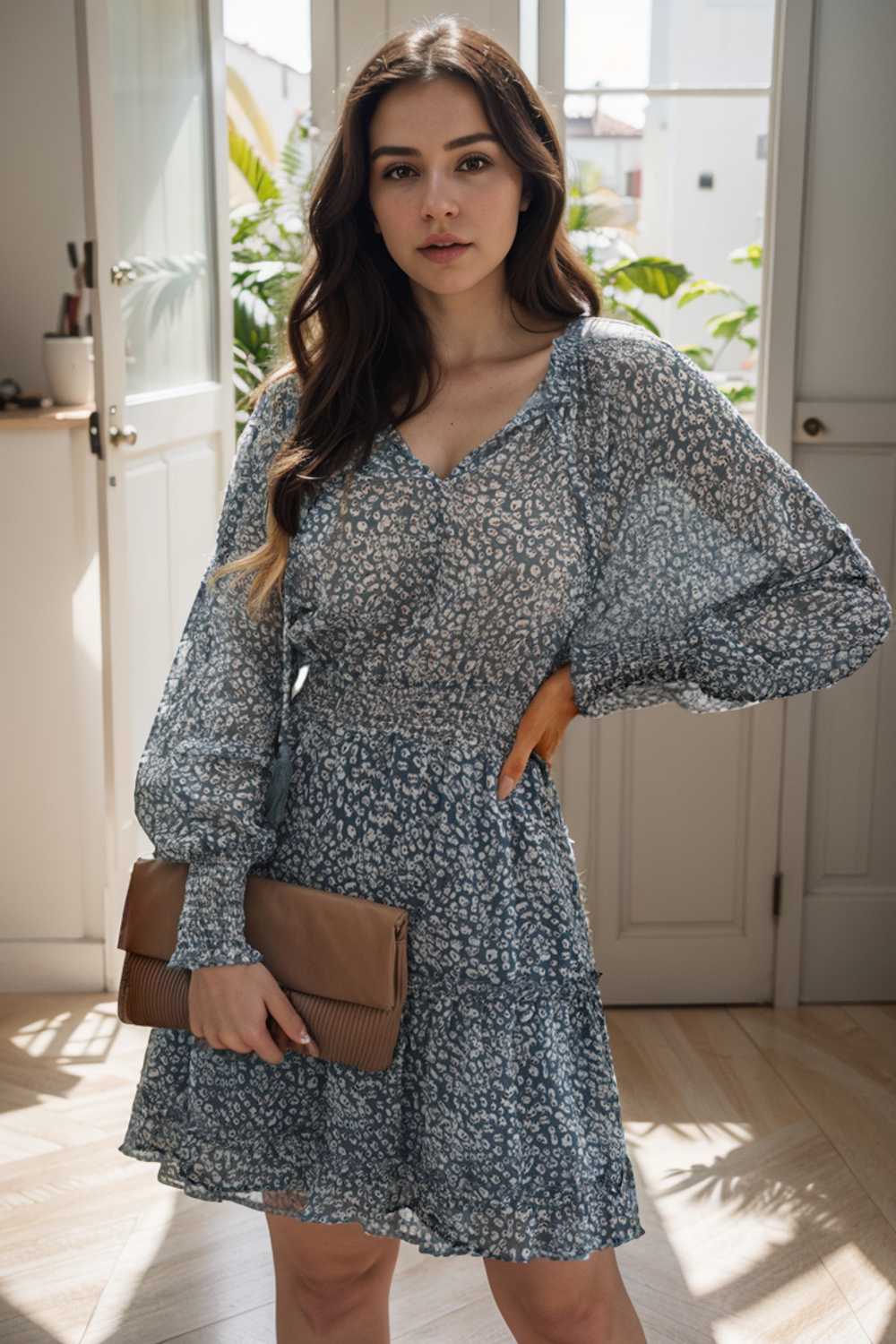 loose leopard print v neck dress drop shoulder a line closed cape paneled 126841