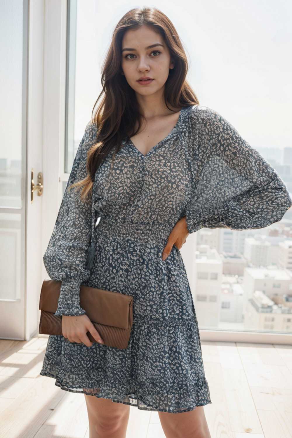 loose leopard print v neck dress drop shoulder a line closed cape paneled 130287