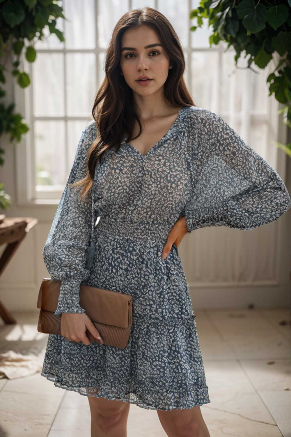 loose leopard print v neck dress drop shoulder a line closed cape paneled 141767