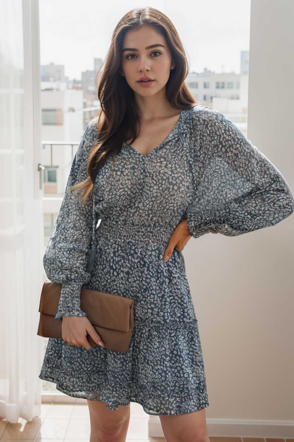 loose leopard print v neck dress drop shoulder a line closed cape paneled 136556