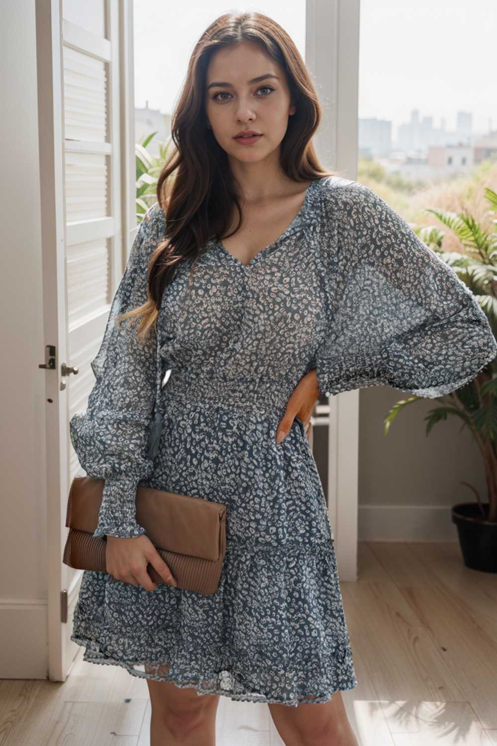 loose leopard print v neck dress drop shoulder a line closed cape paneled 131159