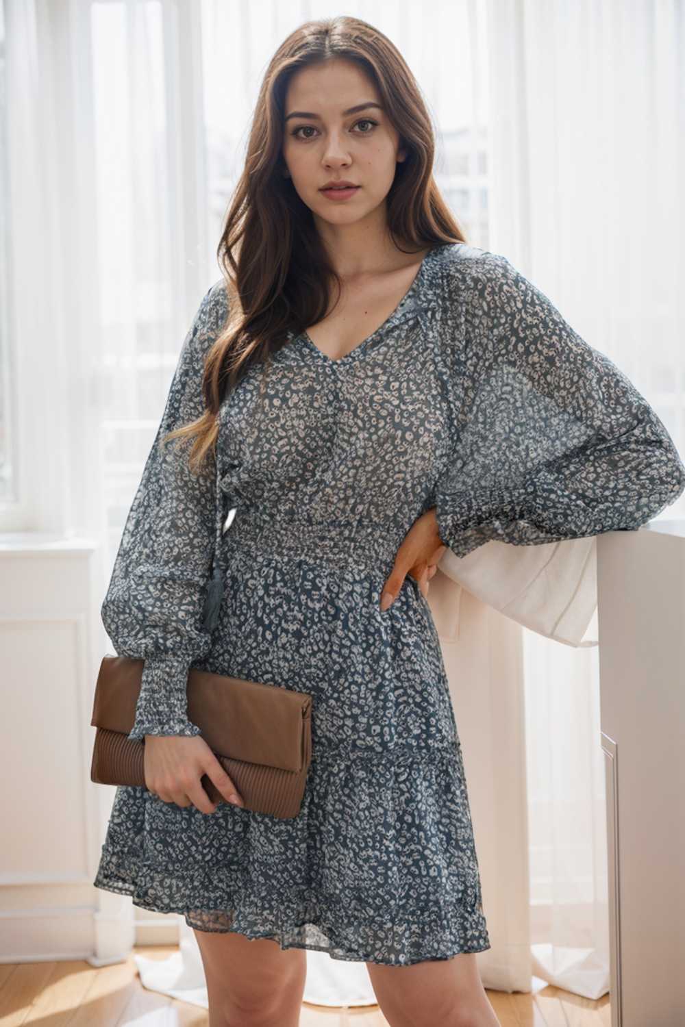 loose leopard print v neck dress drop shoulder a line closed cape paneled 131841