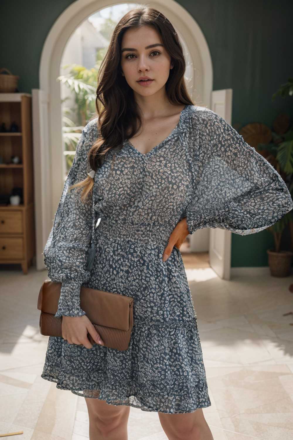 loose leopard print v neck dress drop shoulder a line closed cape paneled 138033
