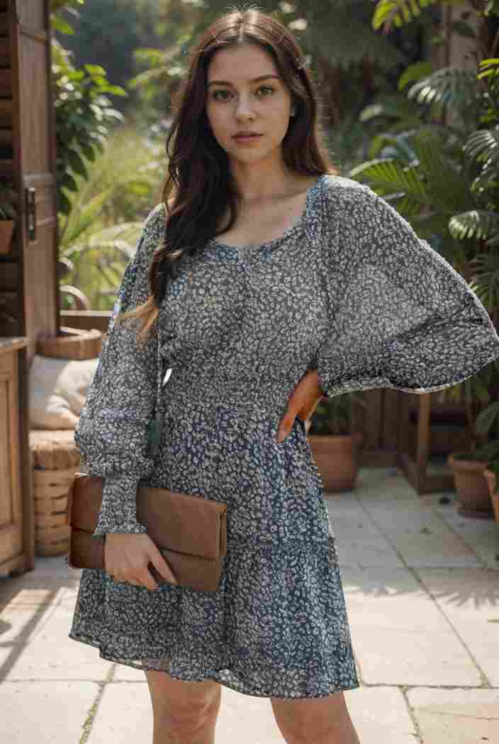 loose leopard print v neck dress drop shoulder a line closed cape paneled 132446