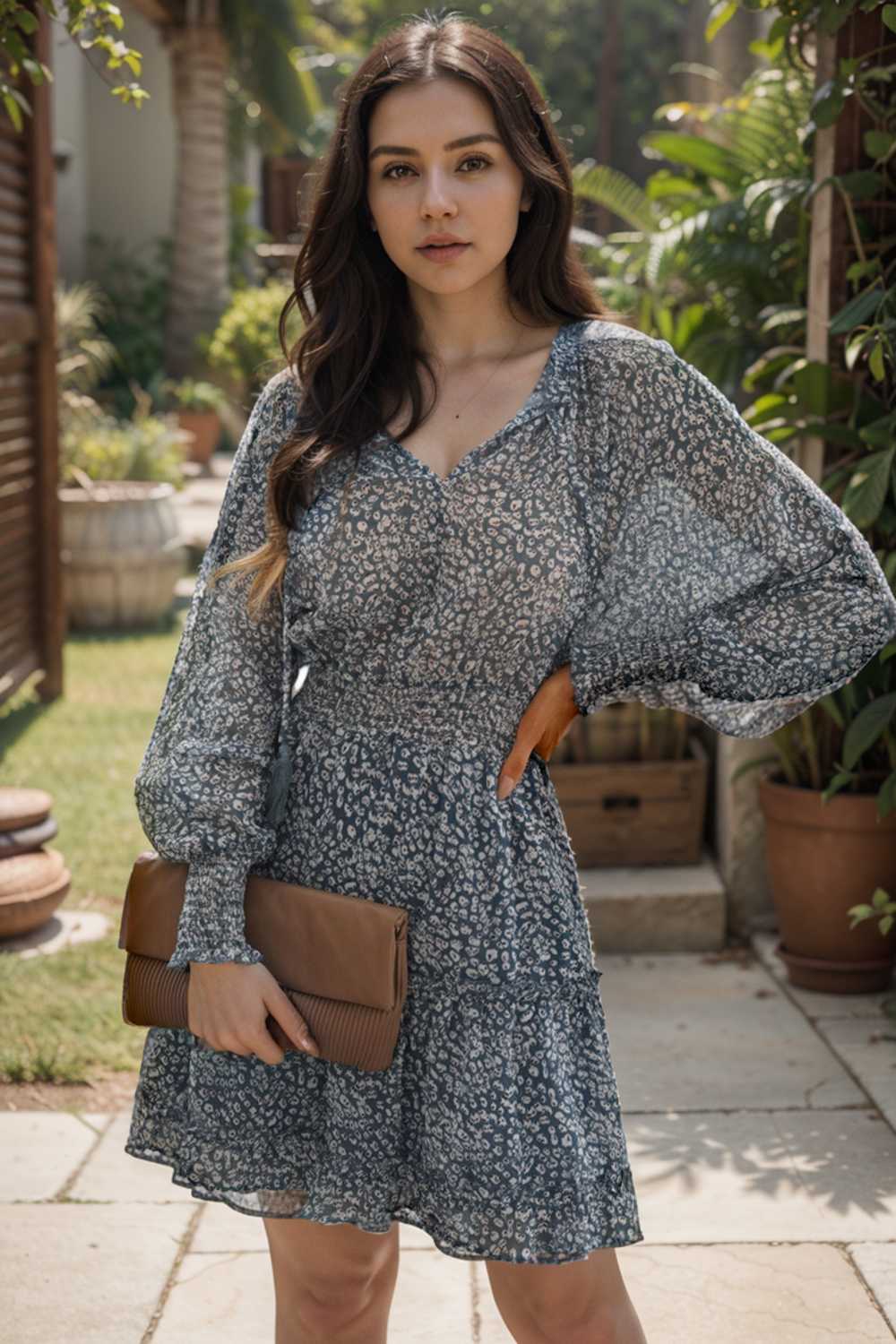 loose leopard print v neck dress drop shoulder a line closed cape paneled 110848