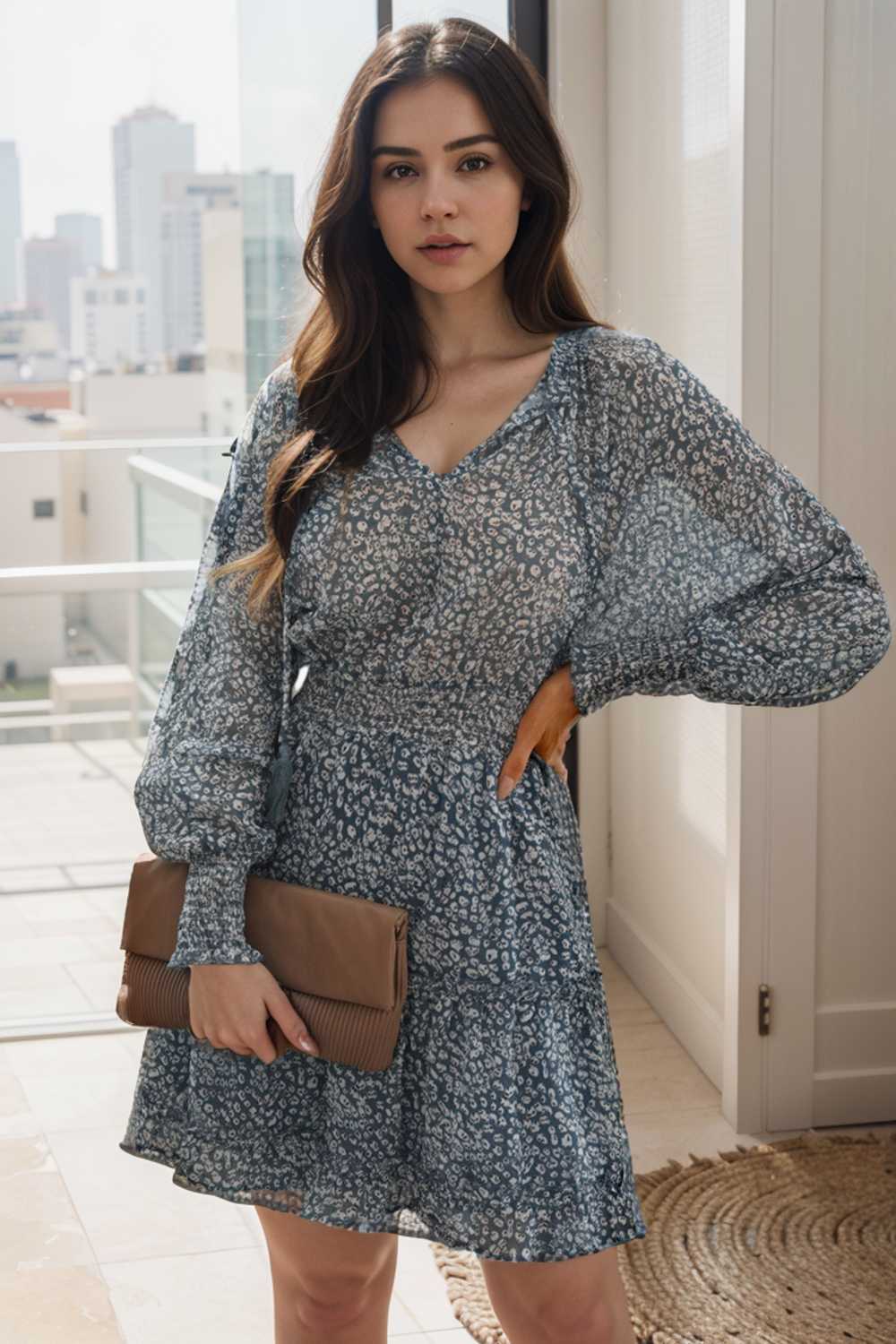 loose leopard print v neck dress drop shoulder a line closed cape paneled 135979