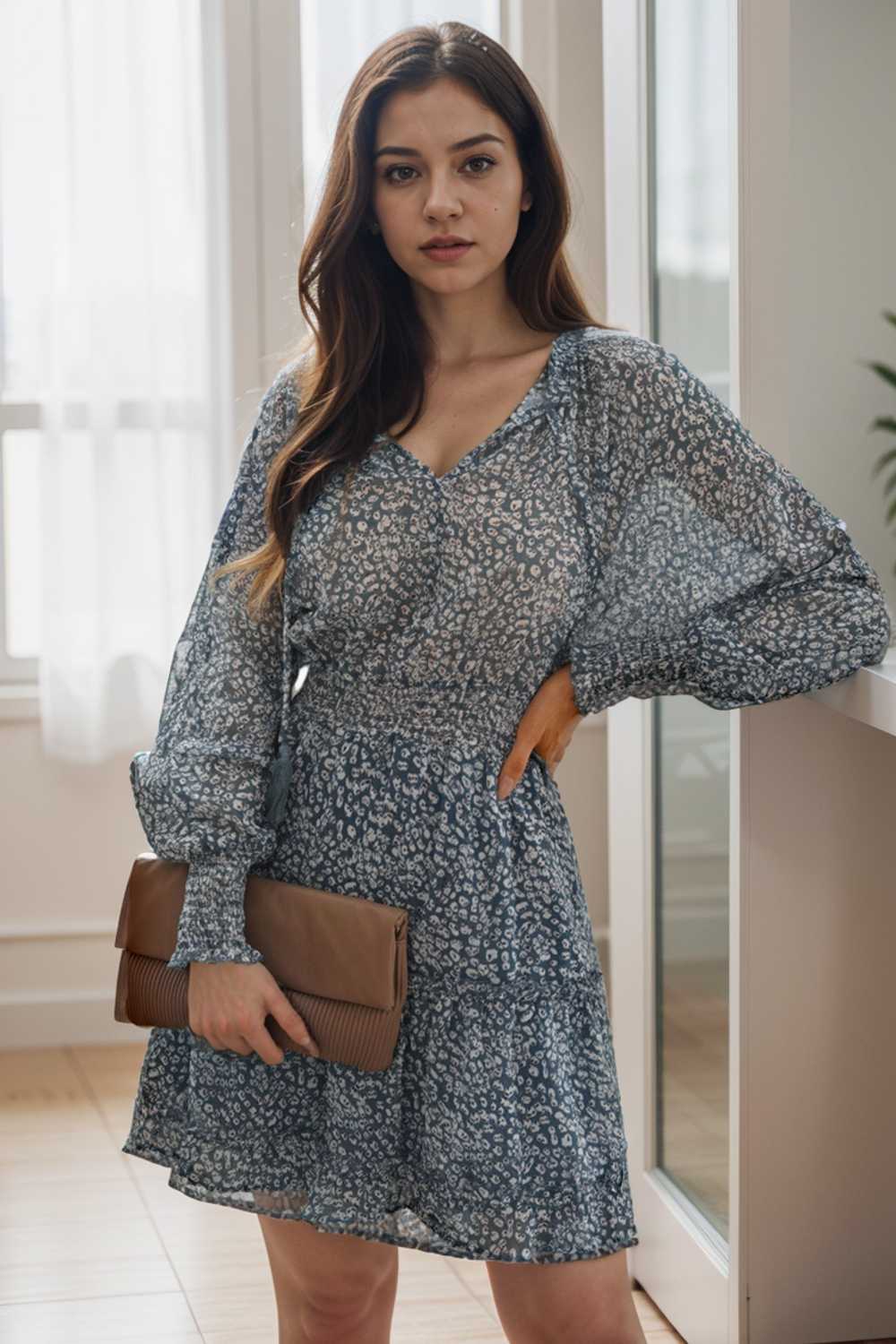 loose leopard print v neck dress drop shoulder a line closed cape paneled 109373
