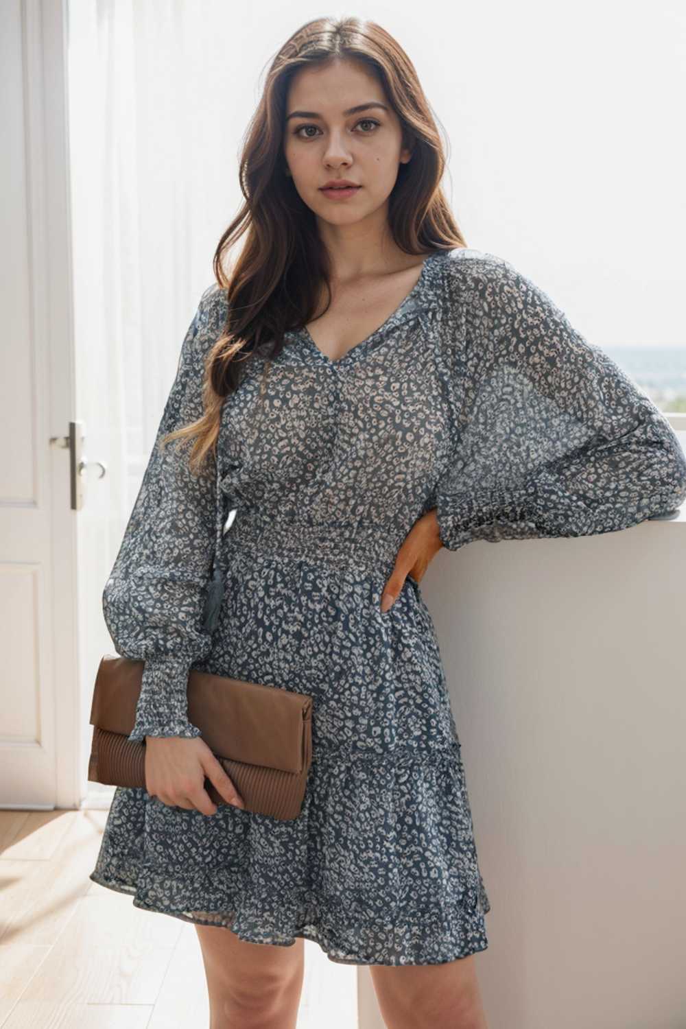 loose leopard print v neck dress drop shoulder a line closed cape paneled 116512