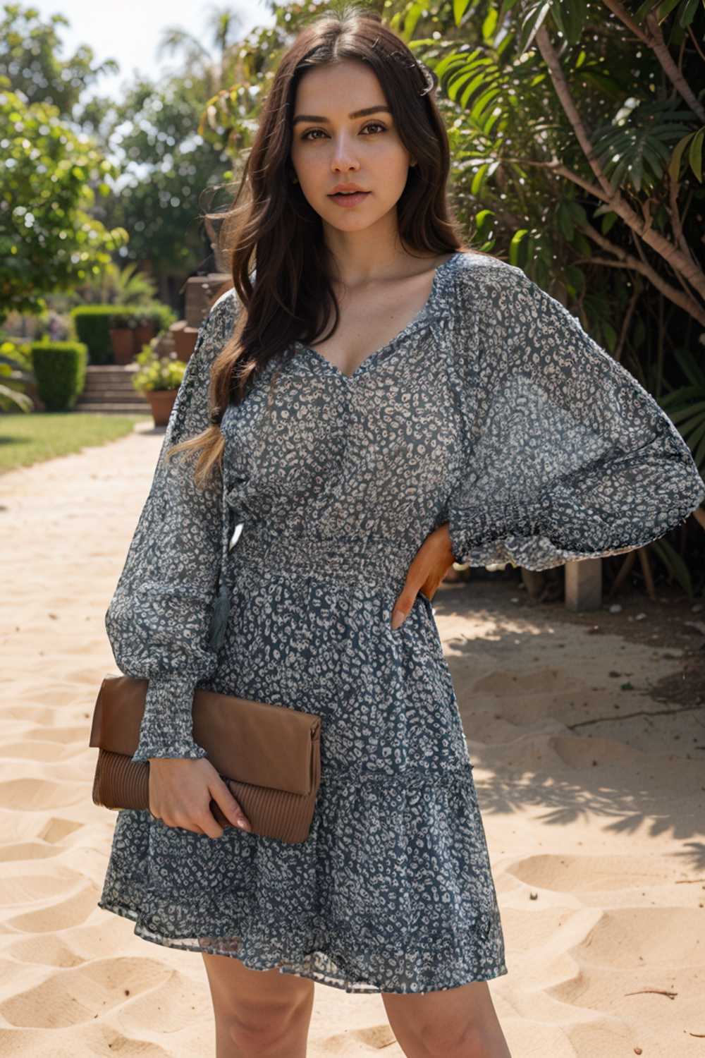 loose leopard print v neck dress drop shoulder a line closed cape paneled 110847
