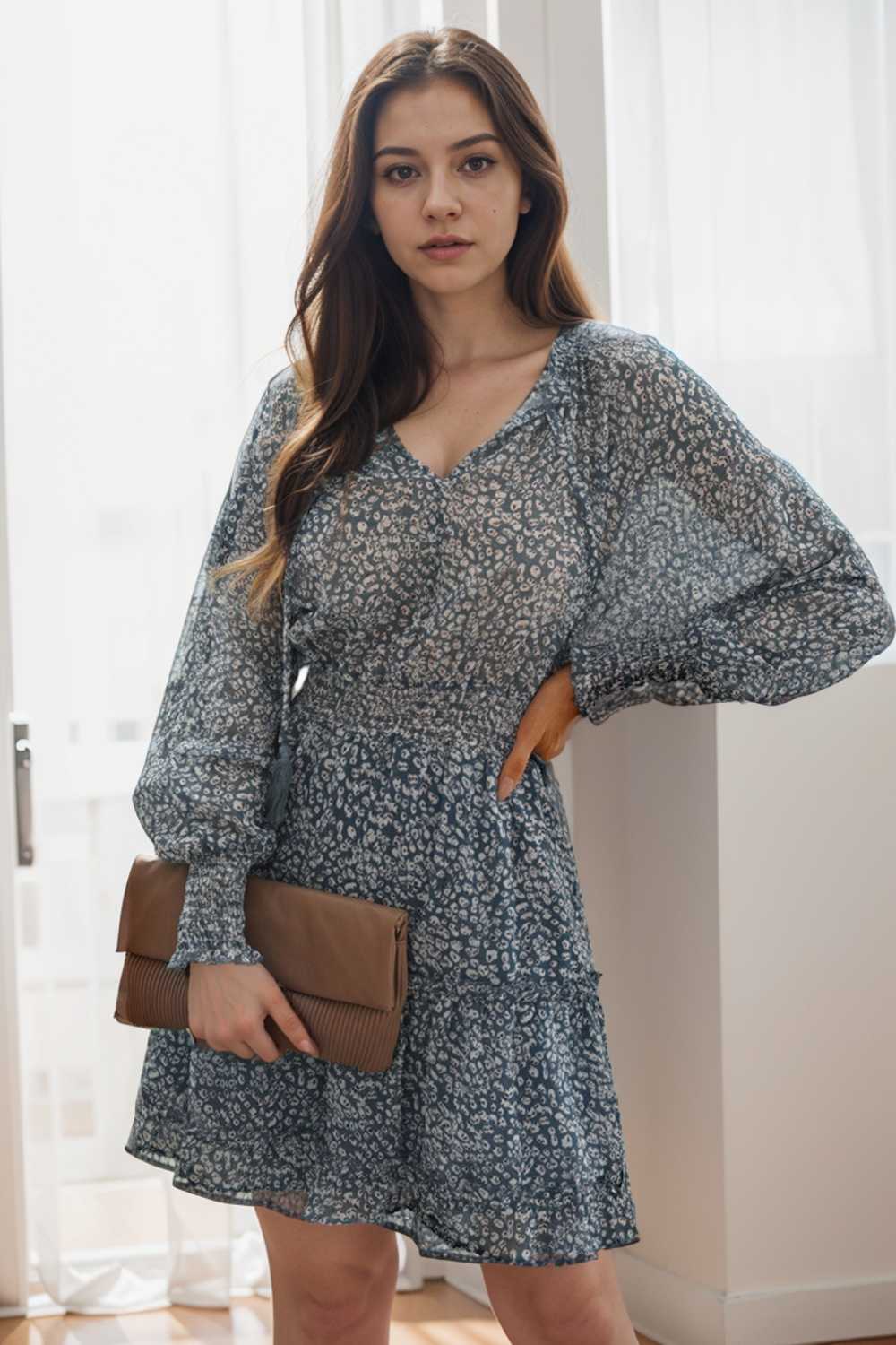 loose leopard print v neck dress drop shoulder a line closed cape paneled 116511