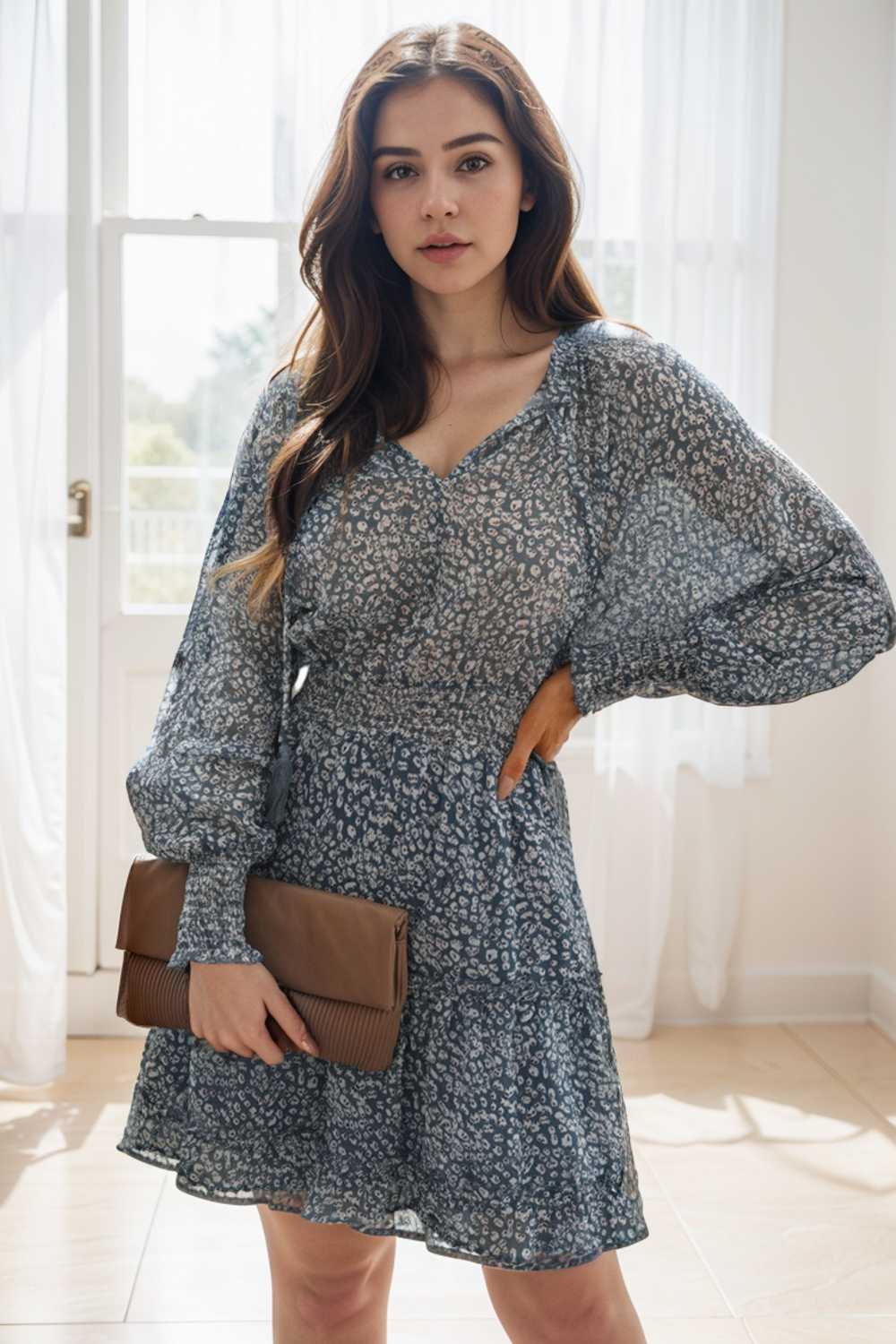 loose leopard print v neck dress drop shoulder a line closed cape paneled 138032