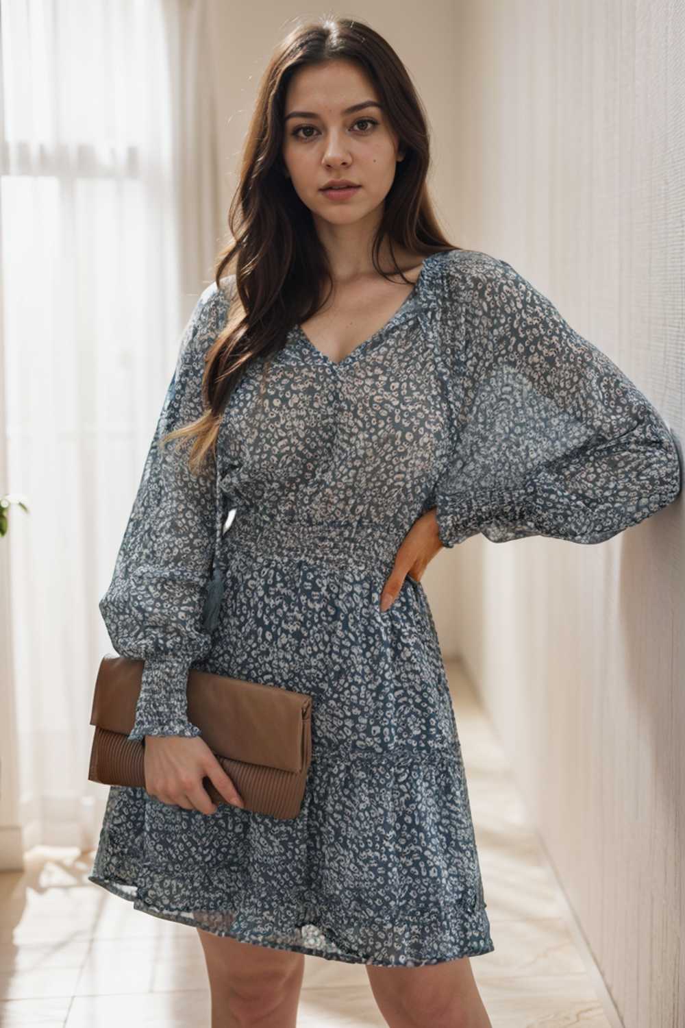 loose leopard print v neck dress drop shoulder a line closed cape paneled 109372