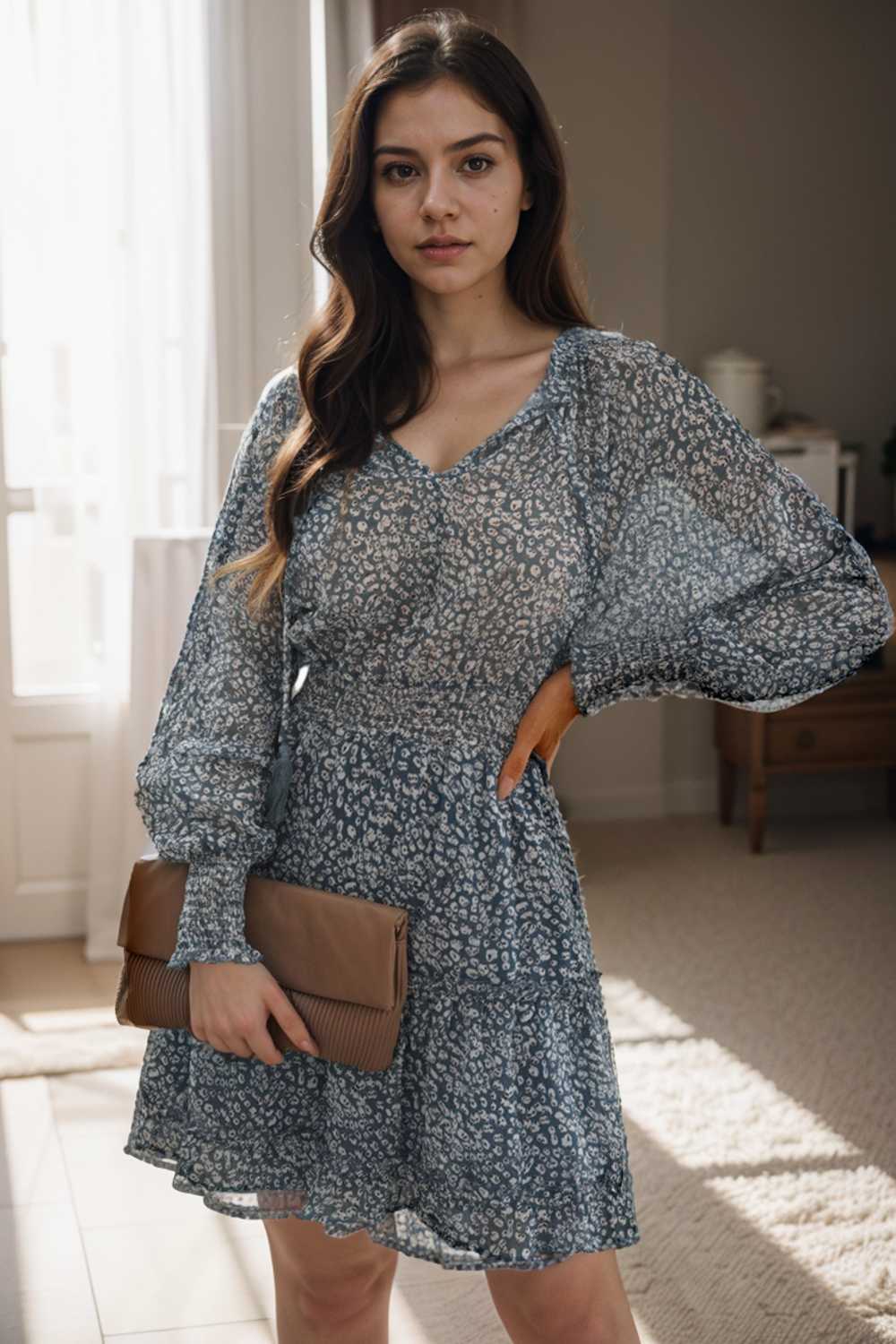 loose leopard print v neck dress drop shoulder a line closed cape paneled 130286