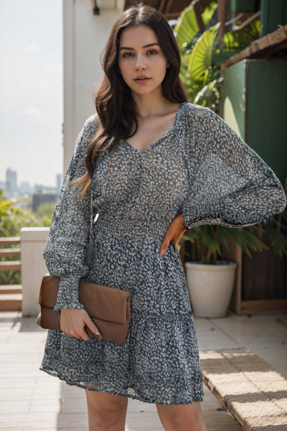 loose leopard print v neck dress drop shoulder a line closed cape paneled 125698
