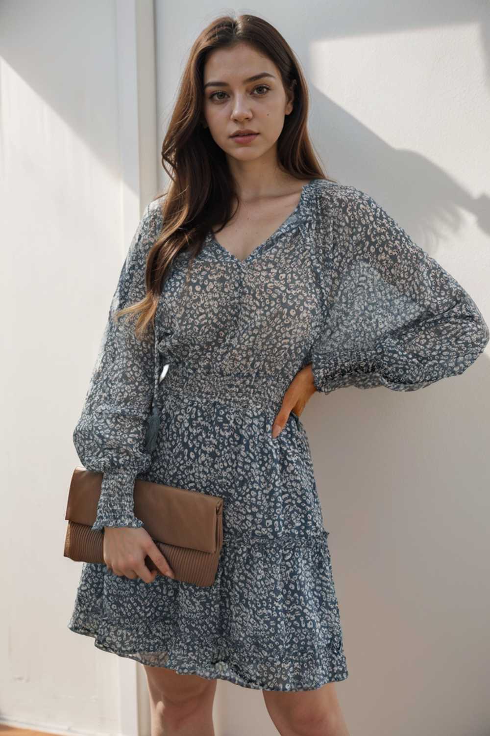 loose leopard print v neck dress drop shoulder a line closed cape paneled 130285