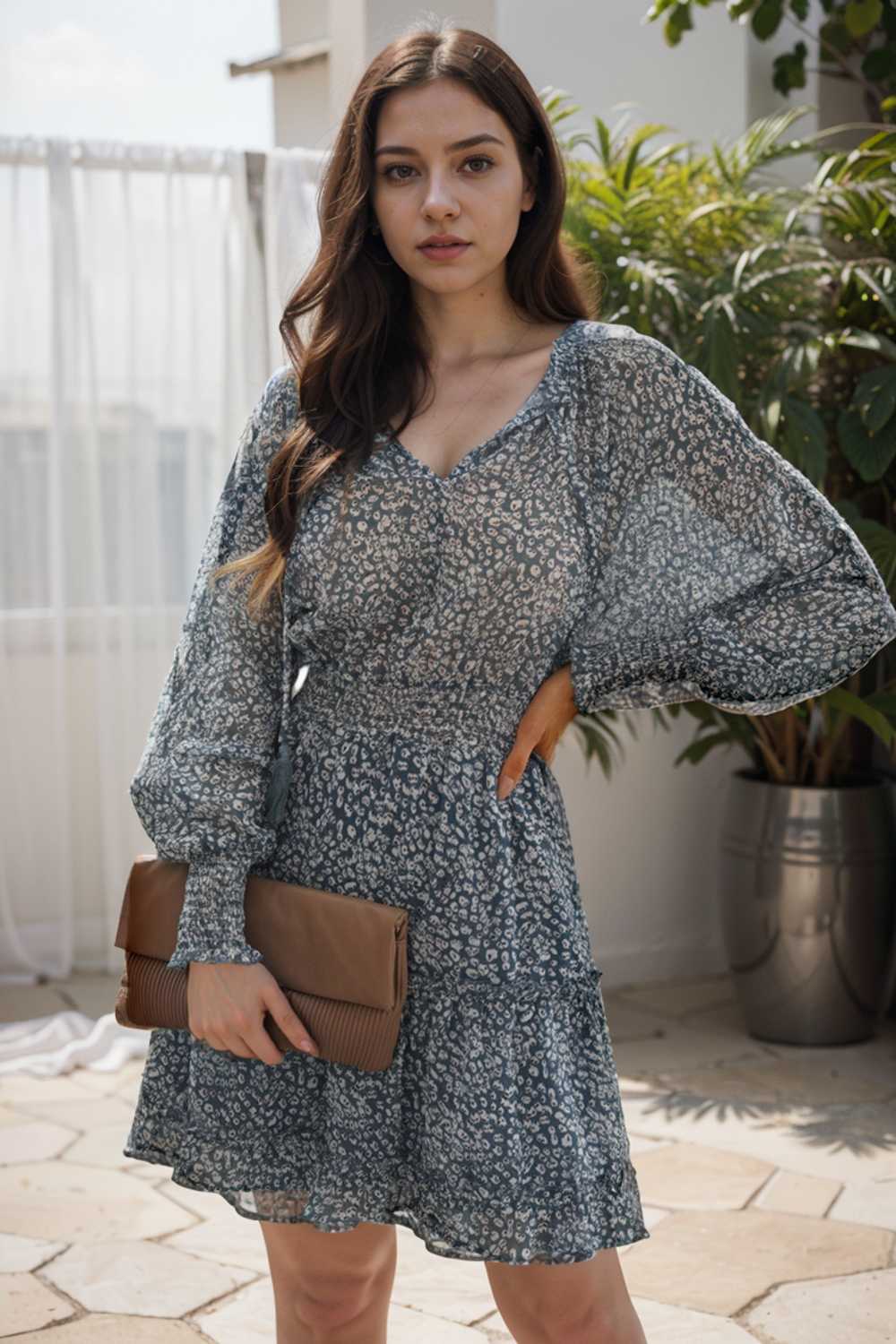 loose leopard print v neck dress drop shoulder a line closed cape paneled 109371