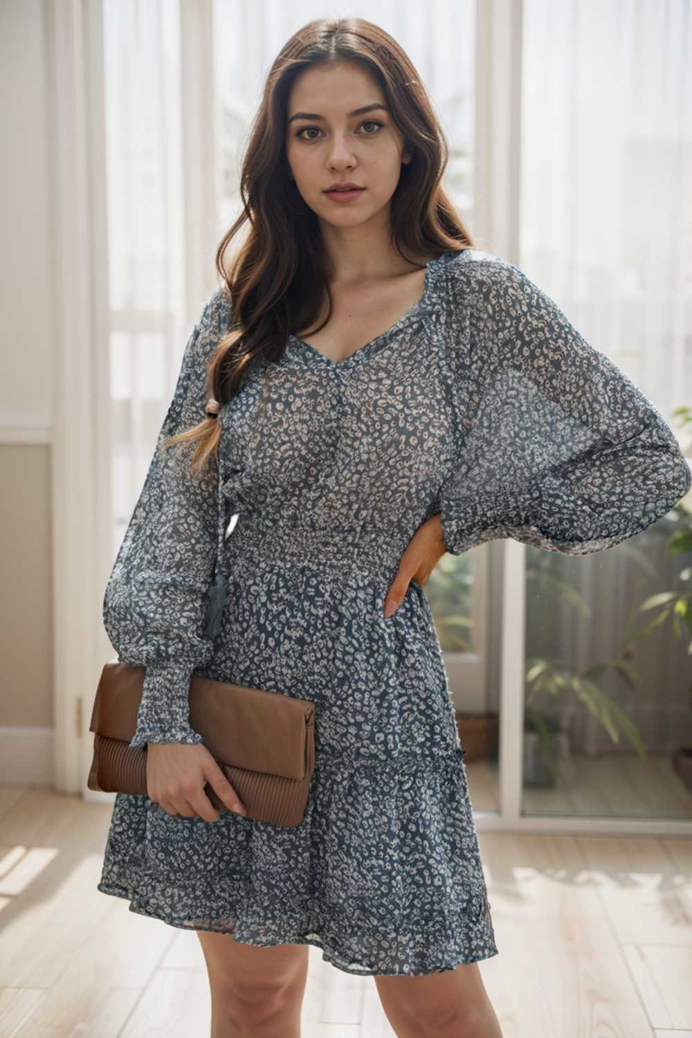 loose leopard print v neck dress drop shoulder a line closed cape paneled 116510