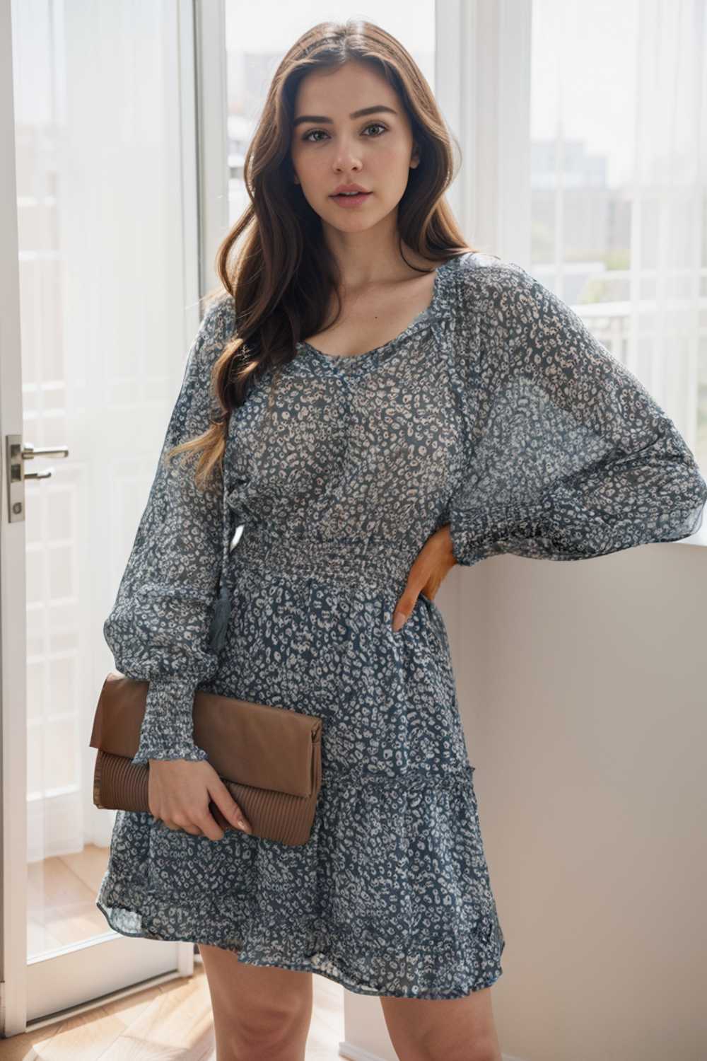 loose leopard print v neck dress drop shoulder a line closed cape paneled 138030