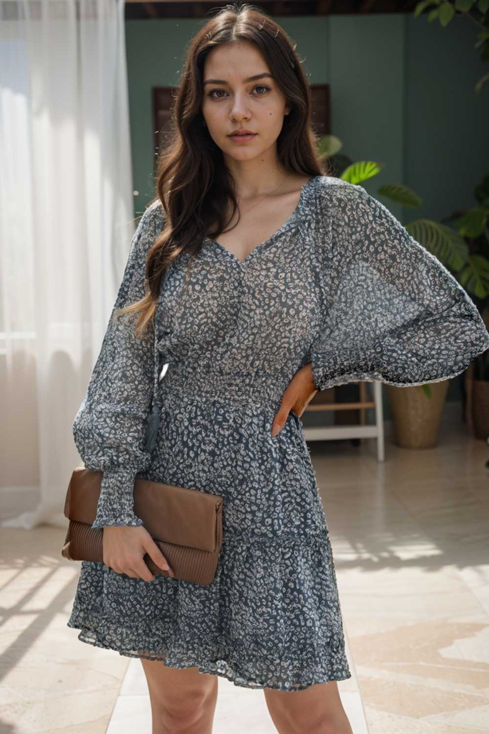 loose leopard print v neck dress drop shoulder a line closed cape paneled 130284