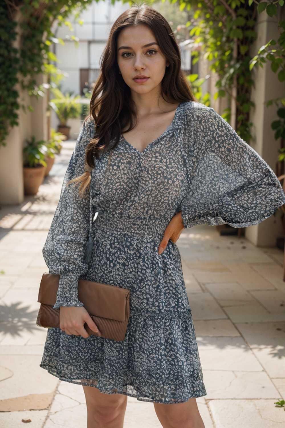 loose leopard print v neck dress drop shoulder a line closed cape paneled 109370