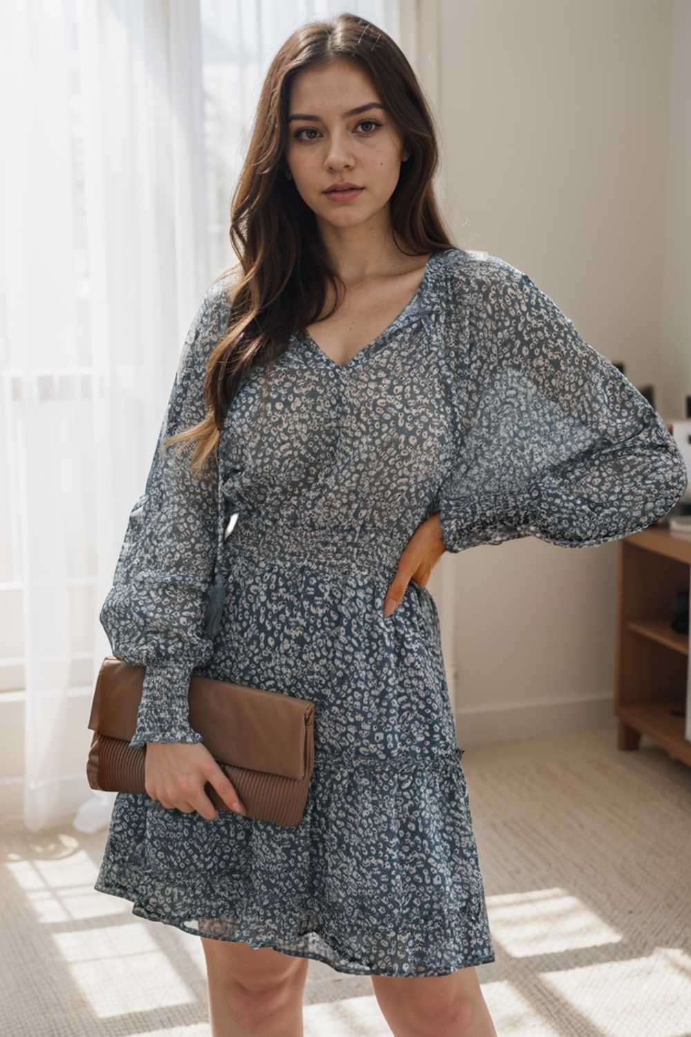 loose leopard print v neck dress drop shoulder a line closed cape paneled 116509