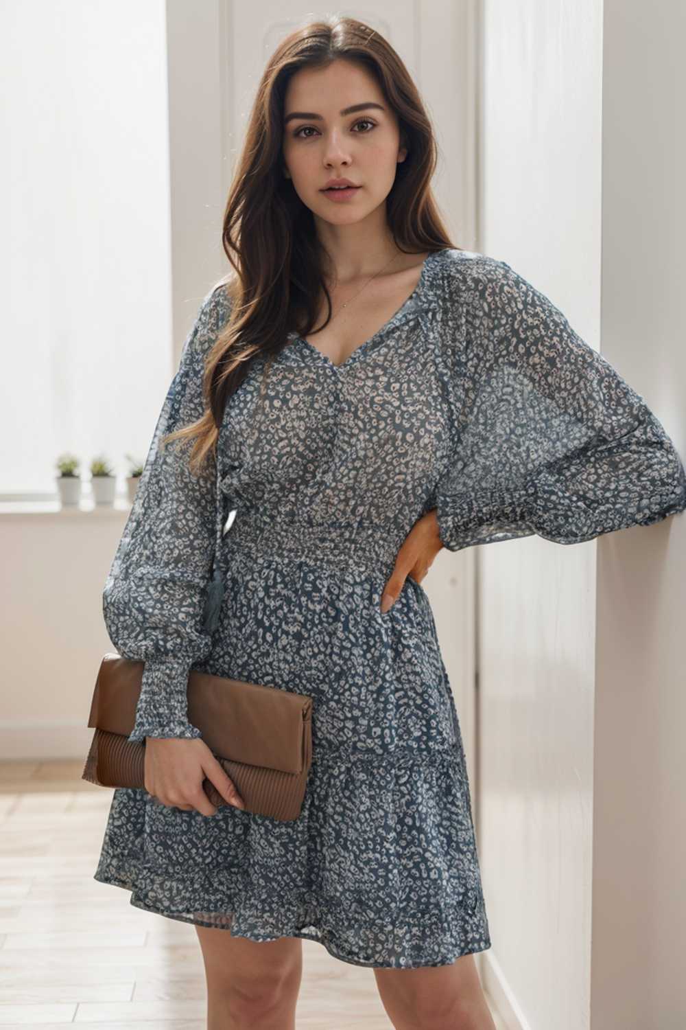 loose leopard print v neck dress drop shoulder a line closed cape paneled 125697