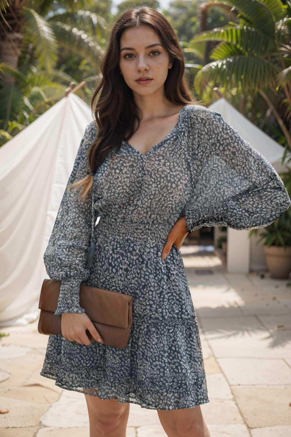 loose leopard print v neck dress drop shoulder a line closed cape paneled 130283