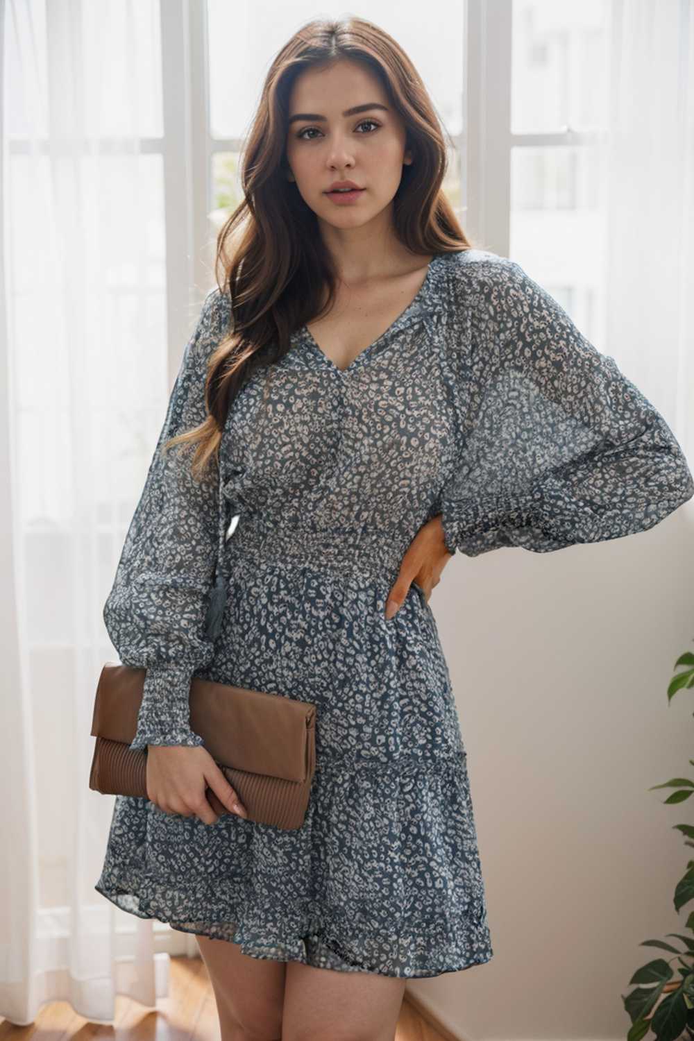 loose leopard print v neck dress drop shoulder a line closed cape paneled 138029