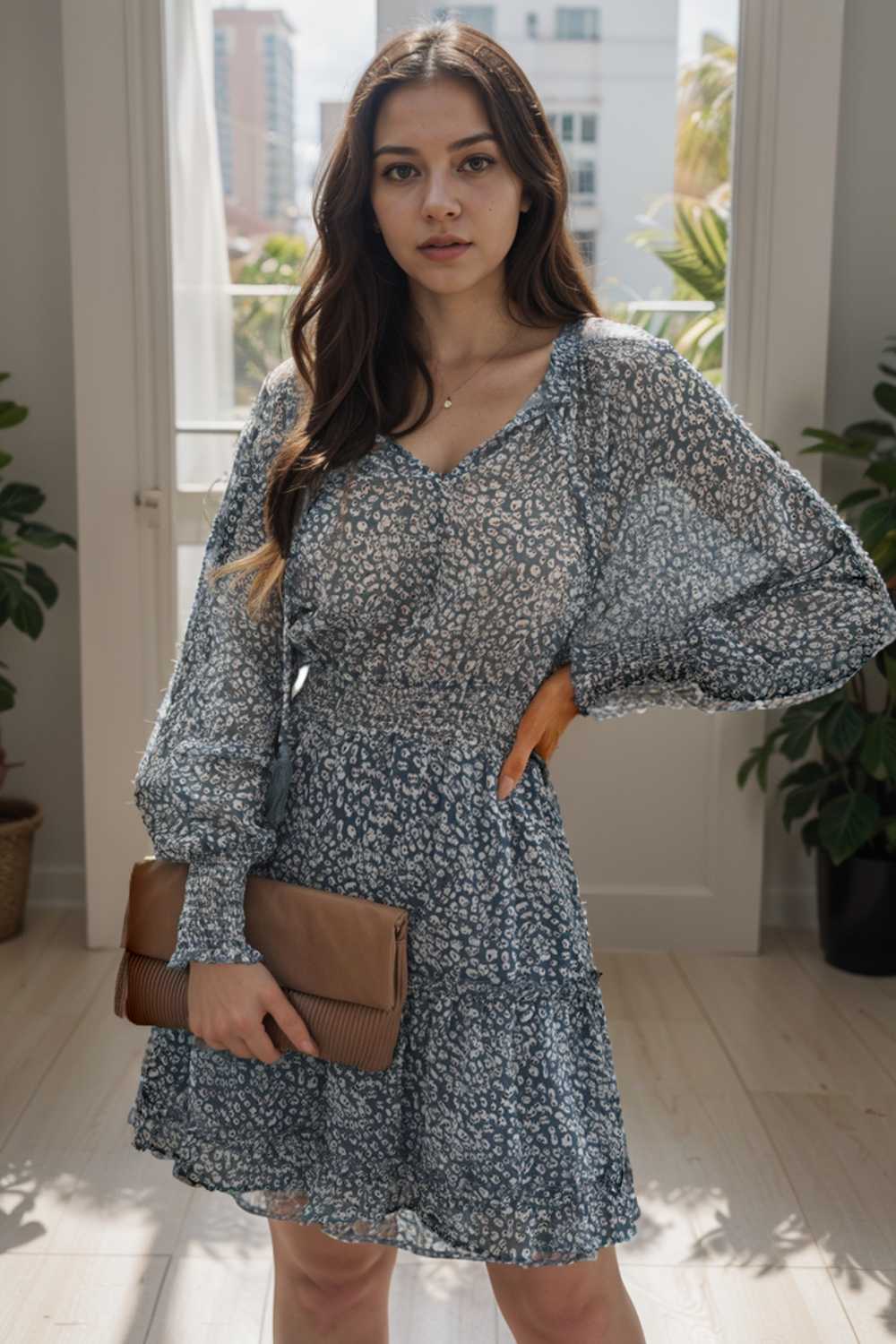 loose leopard print v neck dress drop shoulder a line closed cape paneled 116508