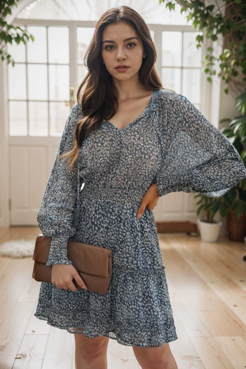 loose leopard print v neck dress drop shoulder a line closed cape paneled 109369