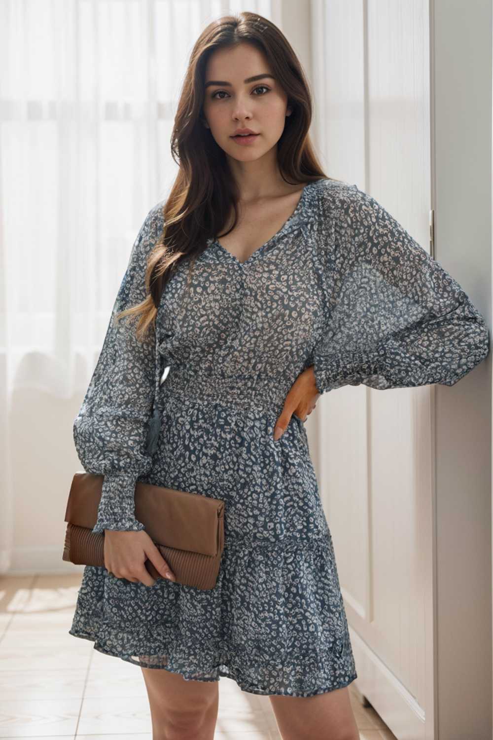 loose leopard print v neck dress drop shoulder a line closed cape paneled 125696