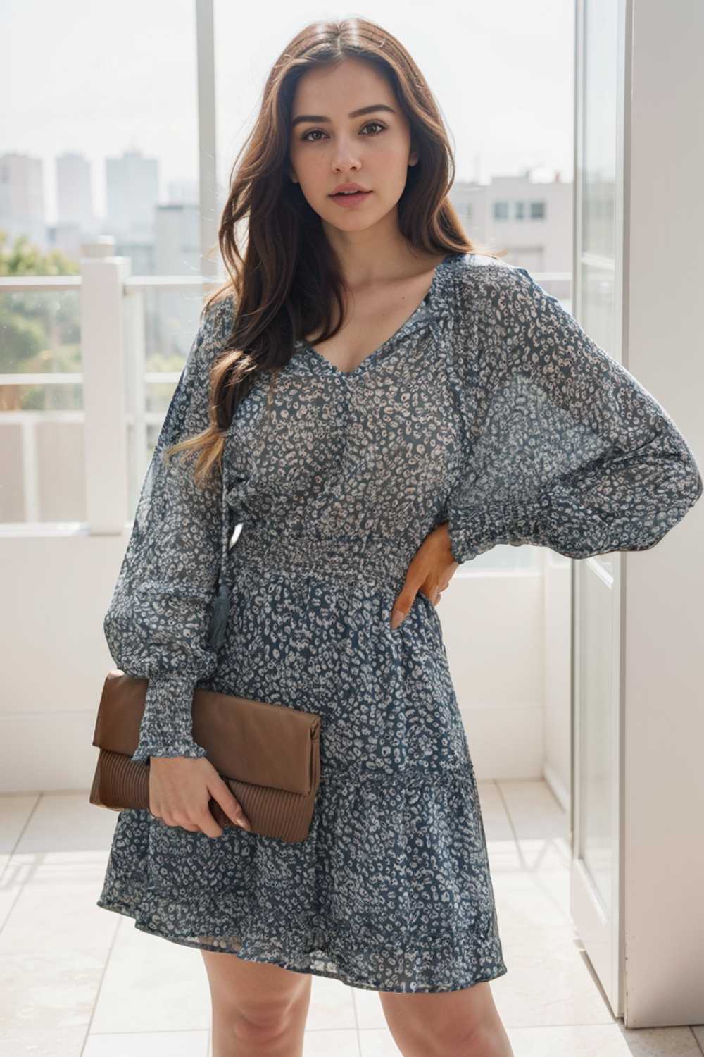 loose leopard print v neck dress drop shoulder a line closed cape paneled 138028