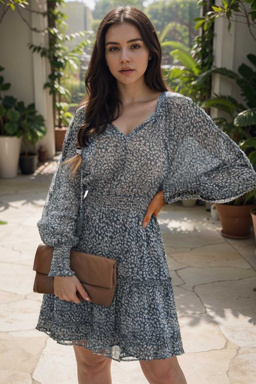 loose leopard print v neck dress drop shoulder a line closed cape paneled 125695