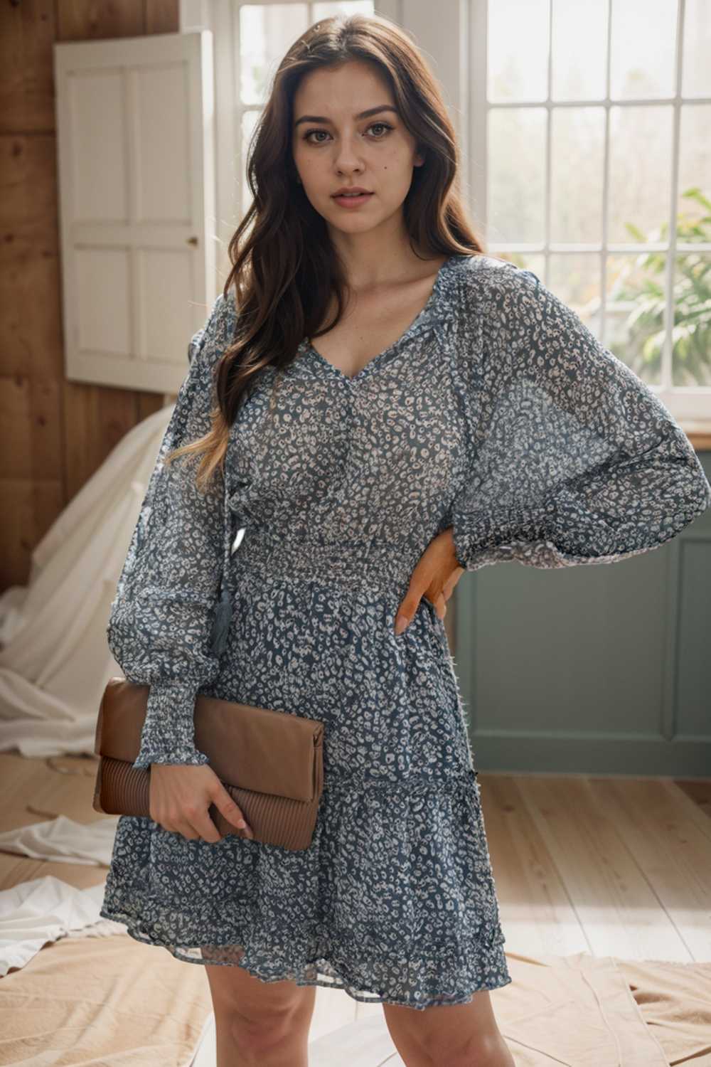 loose leopard print v neck dress drop shoulder a line closed cape paneled 109368