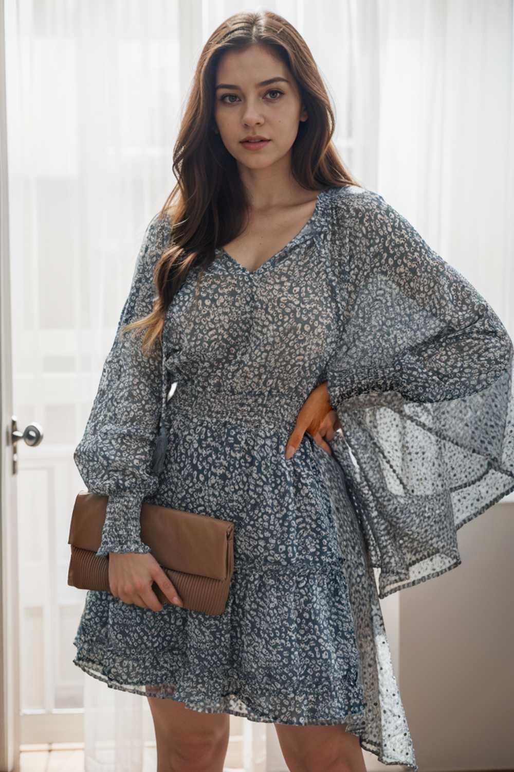 loose leopard print v neck dress drop shoulder a line closed cape paneled 130282