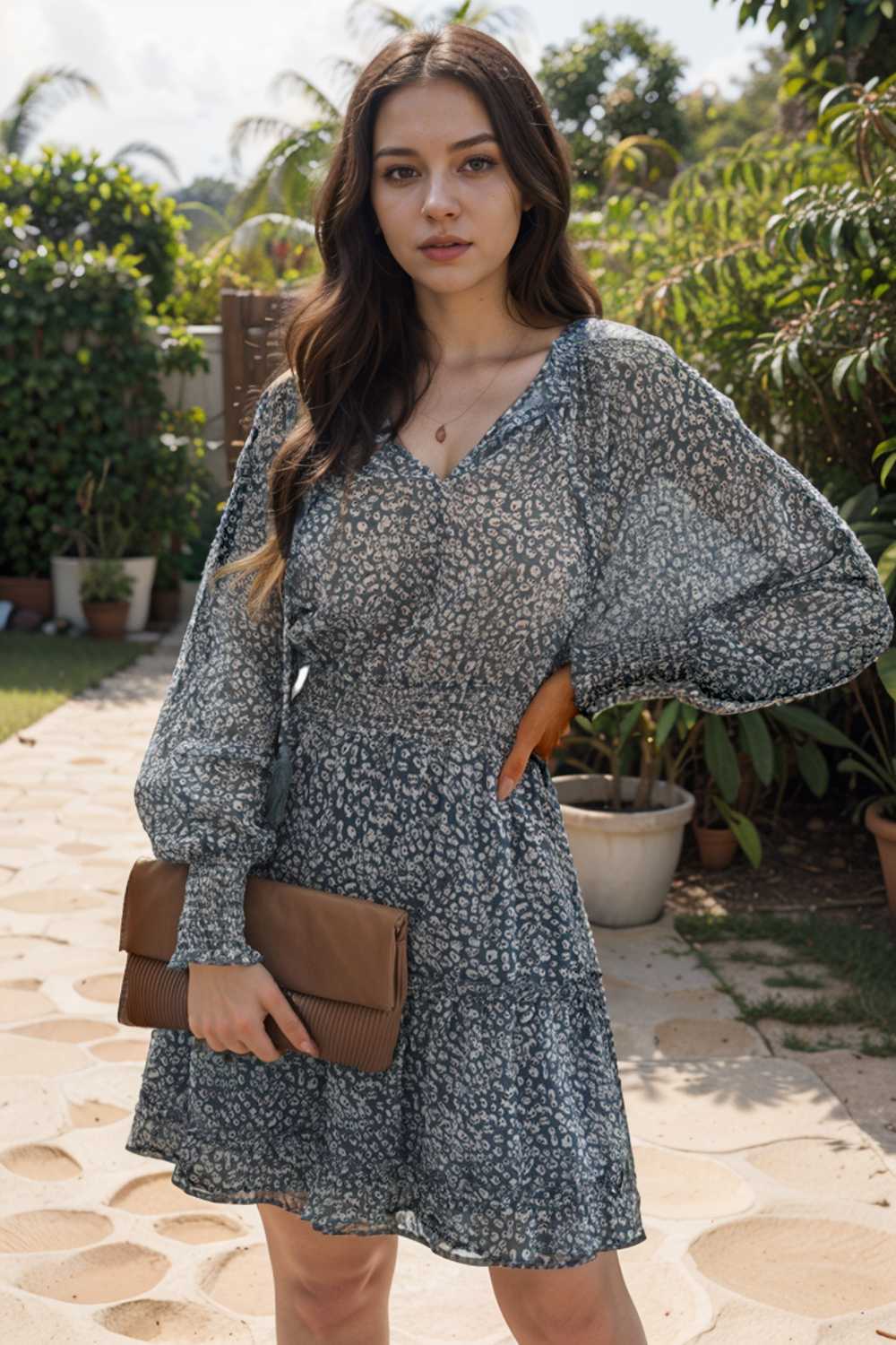 loose leopard print v neck dress drop shoulder a line closed cape paneled 116507