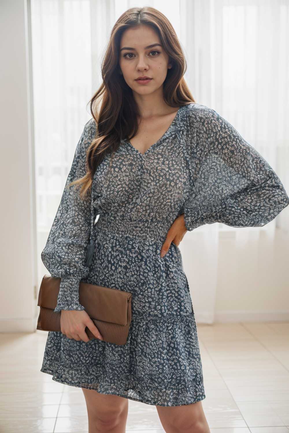loose leopard print v neck dress drop shoulder a line closed cape paneled 130281