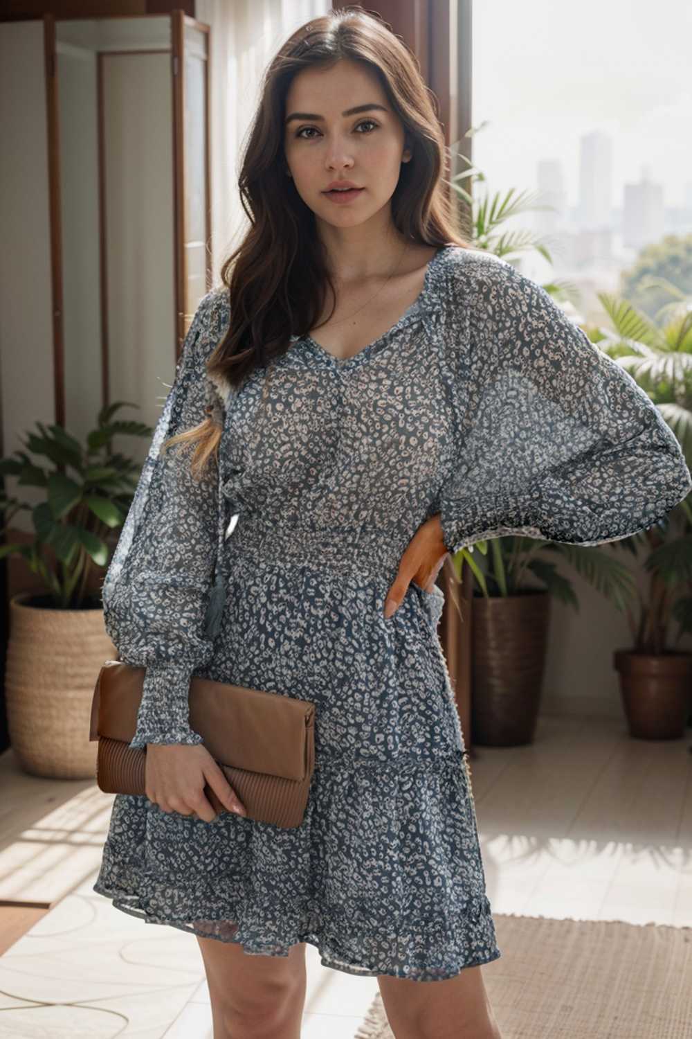 loose leopard print v neck dress drop shoulder a line closed cape paneled 125694