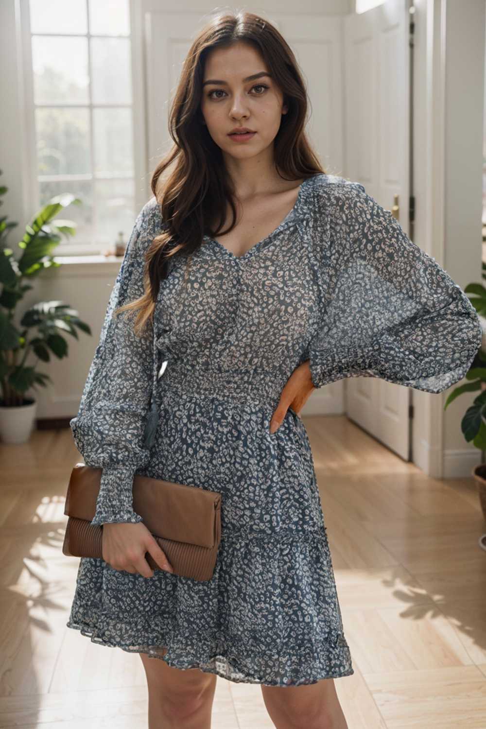 loose leopard print v neck dress drop shoulder a line closed cape paneled 116506