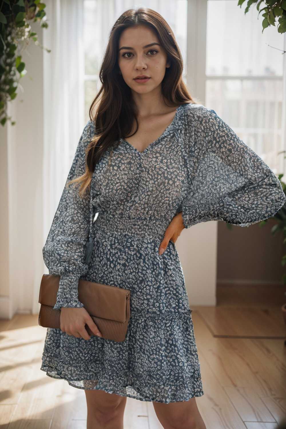 loose leopard print v neck dress drop shoulder a line closed cape paneled 109367