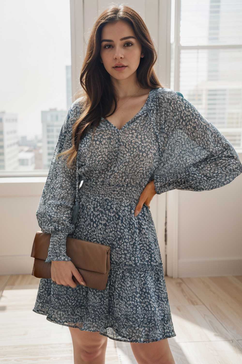 loose leopard print v neck dress drop shoulder a line closed cape paneled 138027
