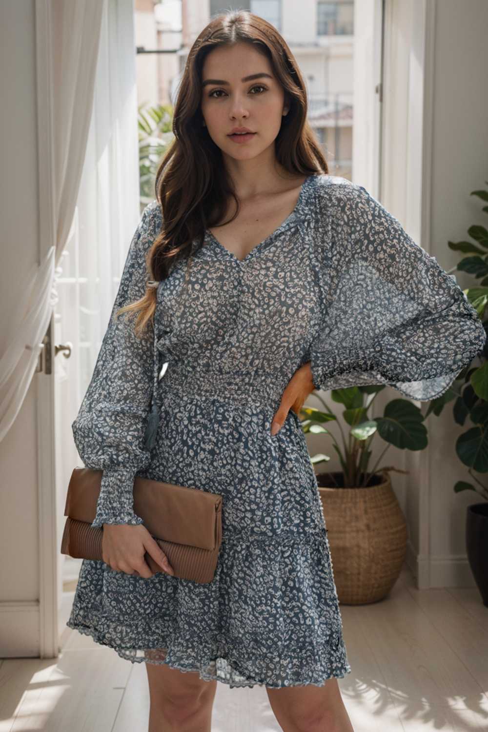 loose leopard print v neck dress drop shoulder a line closed cape paneled 138026
