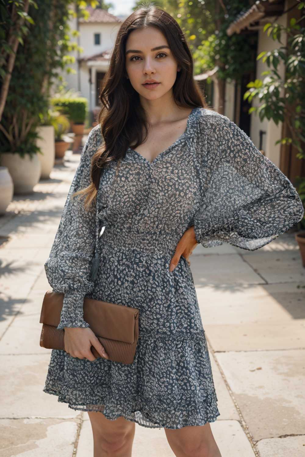 loose leopard print v neck dress drop shoulder a line closed cape paneled 125693